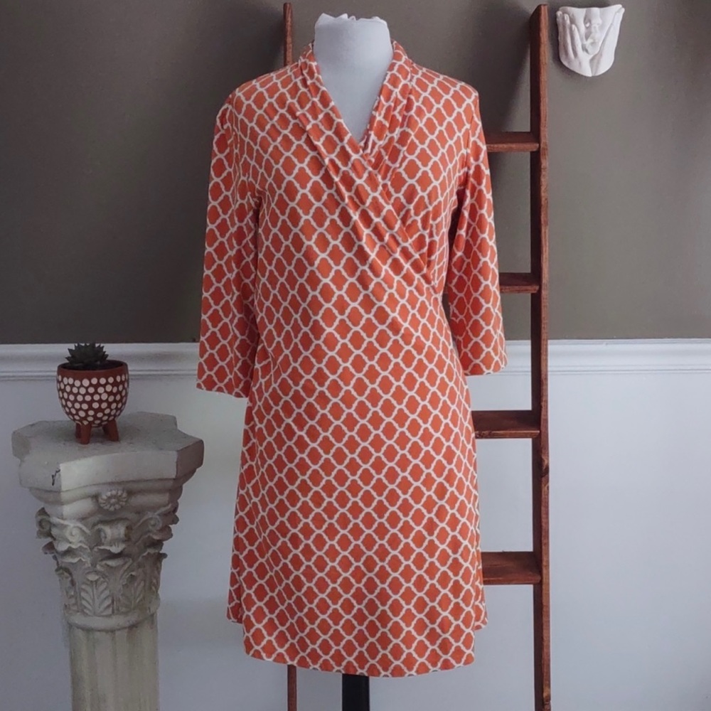 J. McLaughlin orange quatrefoil print dress